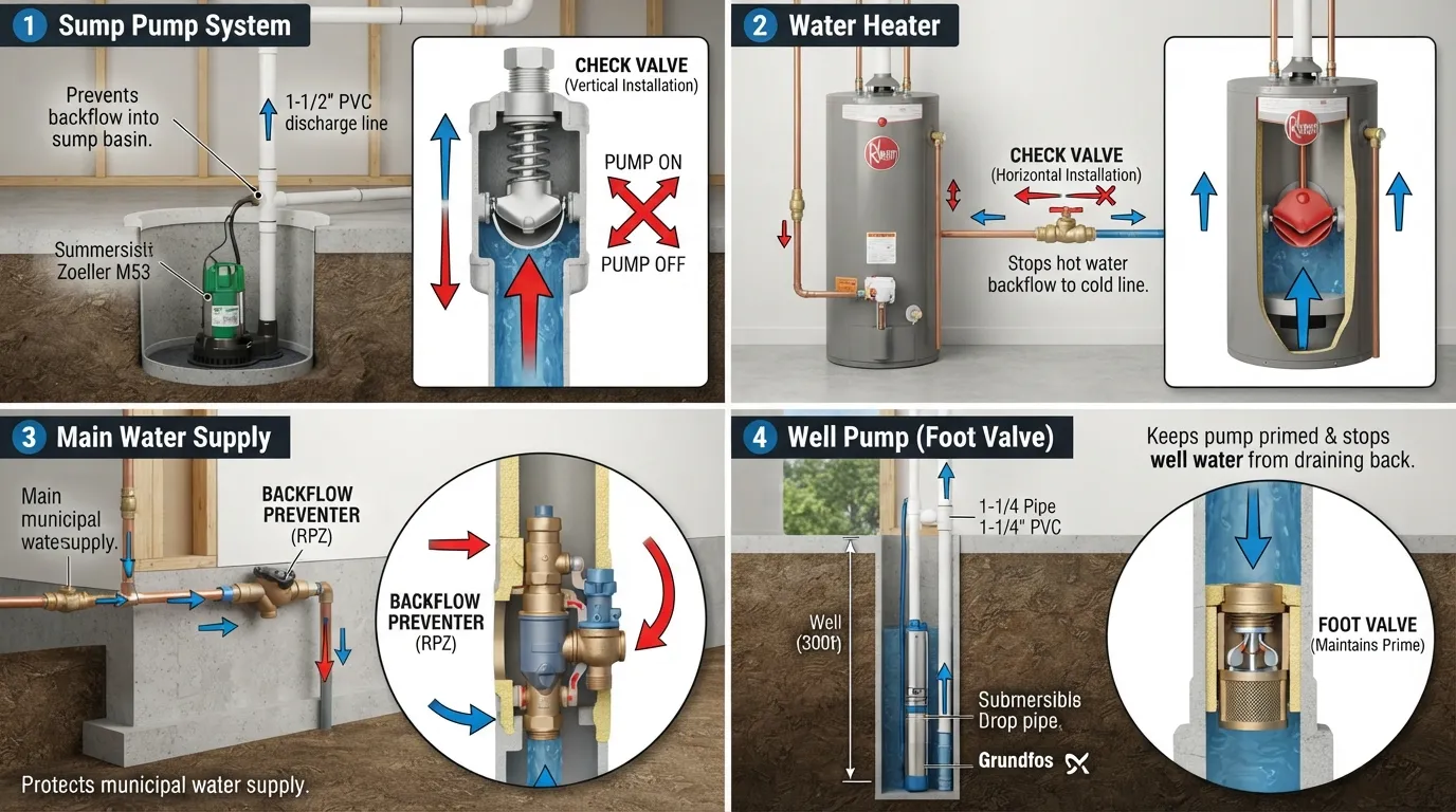 A professional plumbing installation showing a check valve on a vertical PVC sump pump discharge line to prevent water backflow.