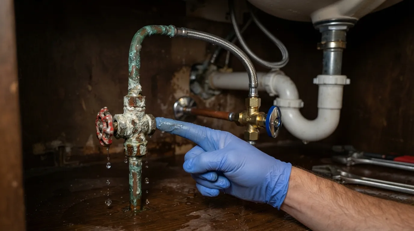 A plumber inspecting a leaking under-sink angle stop valve showing signs of severe corrosion and water damage.