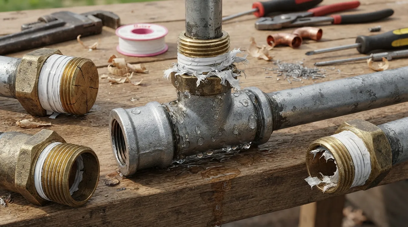 Close-up photo showing improper Teflon tape wrapping on a threaded pipe fitting alongside a leaking connection, illustrating common plumbing installation mistakes.
