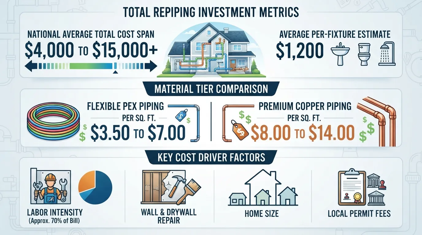 A detailed infographic and cost comparison chart displaying total house repiping expenses, contrasting affordable PEX piping against traditional copper installation for a residential plumbing system.