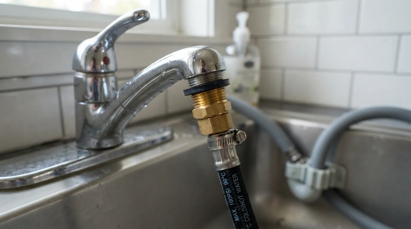 Step-by-step connection of a washing machine inlet hose to a standard kitchen sink tap using a threaded adapter.
