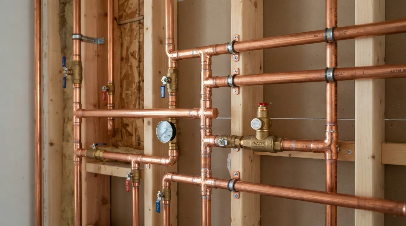 Close-up view of newly installed copper water supply pipes and soldered joints neatly organized in a residential plumbing system.