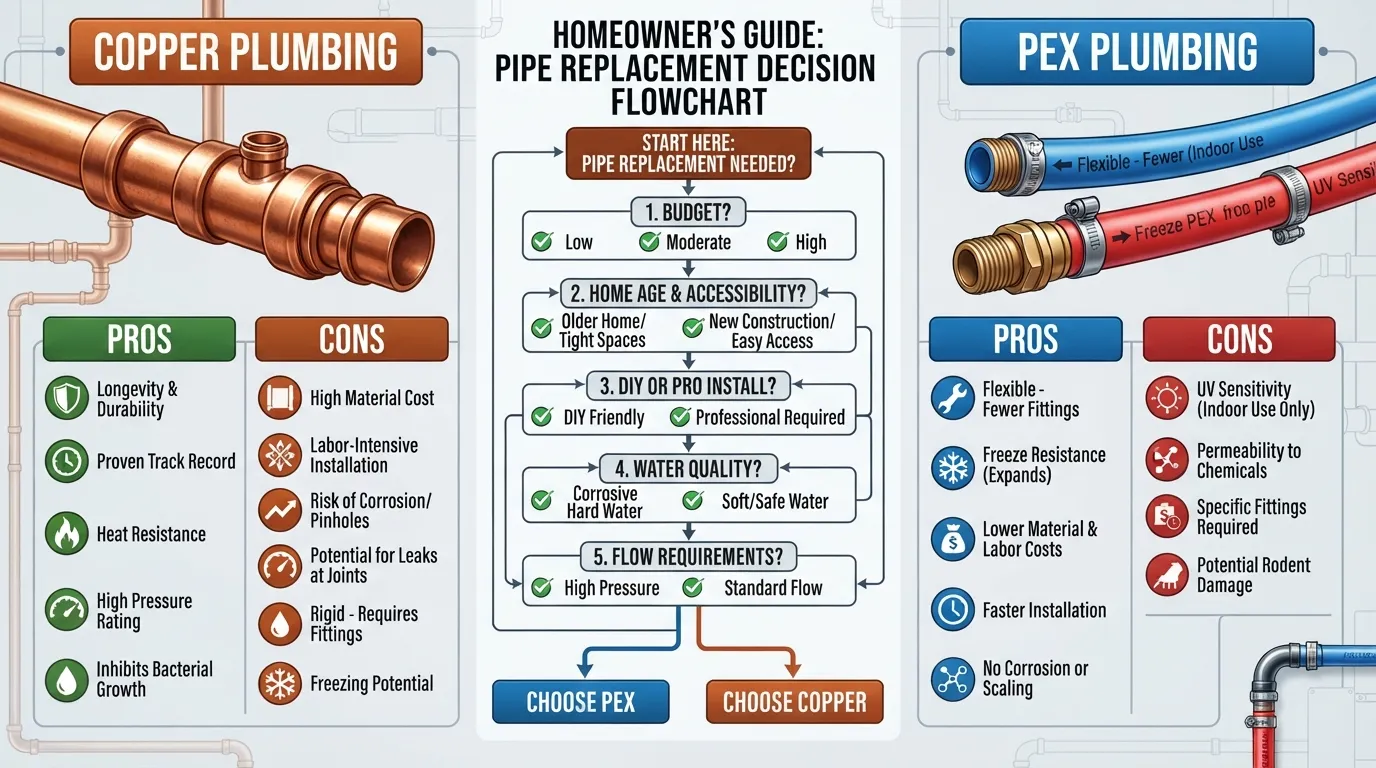 A side-by-side comparison of a rigid copper pipe and a flexible PEX pipe illustrating a plumbing material replacement decision guide.