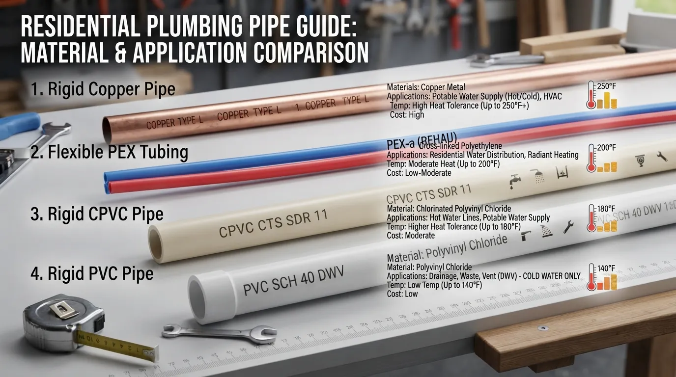 Side-by-side comparison chart of Copper, PEX, CPVC, and PVC plumbing pipes displaying their appearance, material differences, and application uses.