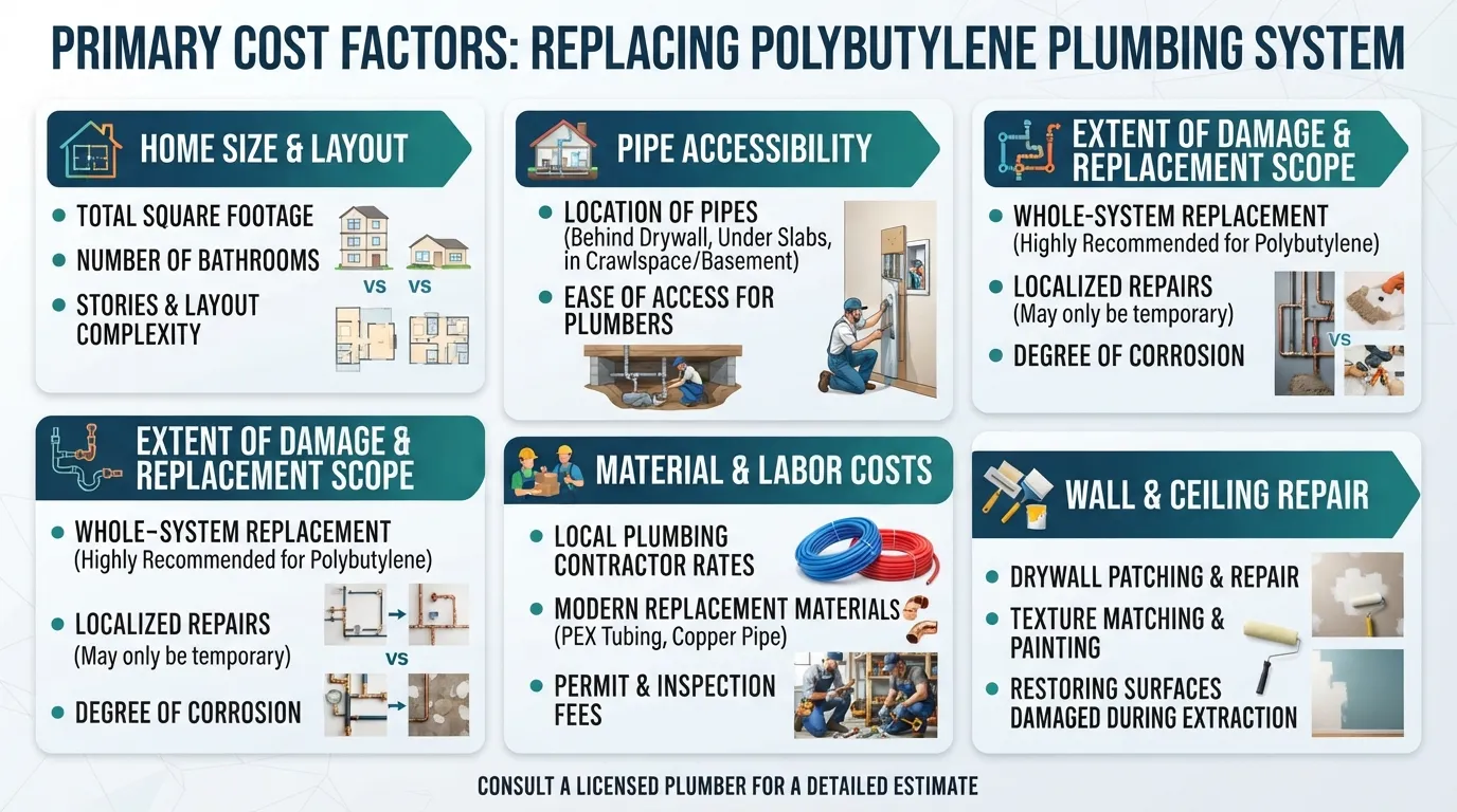 Infographic illustrating the key factors that affect the cost of replacing polybutylene pipes, including home size, pipe accessibility, and labor.