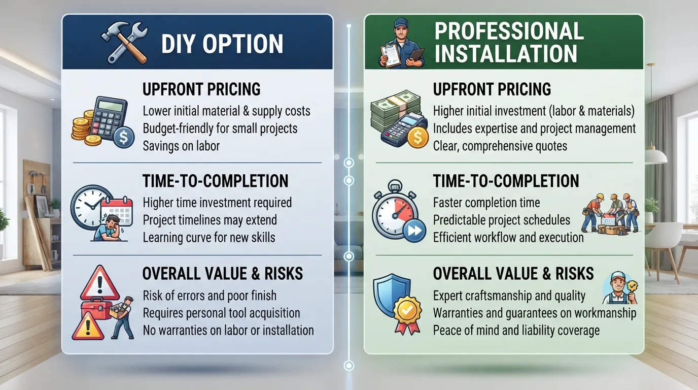 A side-by-side comparison chart illustrating the financial costs, time investment, and pros and cons of do-it-yourself (DIY) versus professional installation options.