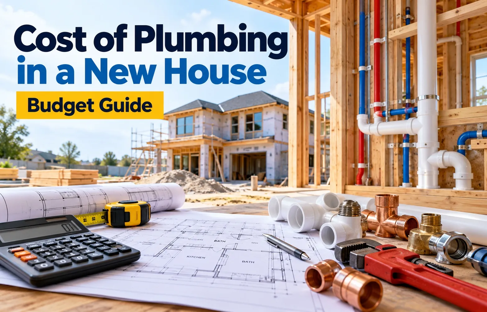 Featured image about the cost of plumbing in a new house showing house construction, exposed plumbing pipes, blueprints, calculator, plumbing fittings, and tools