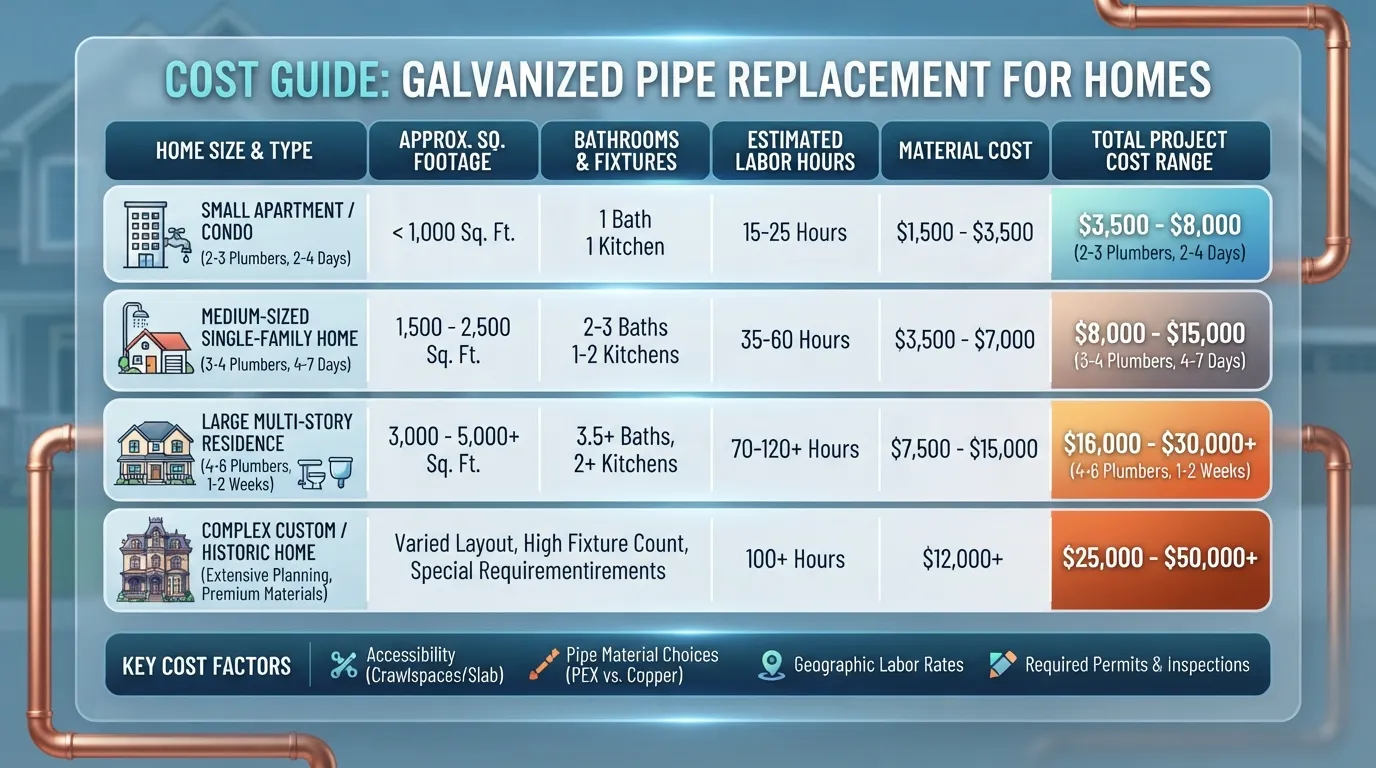 A comprehensive breakdown chart showing the average cost to replace galvanized plumbing pipes categorized by different home square footage and bedroom sizes.