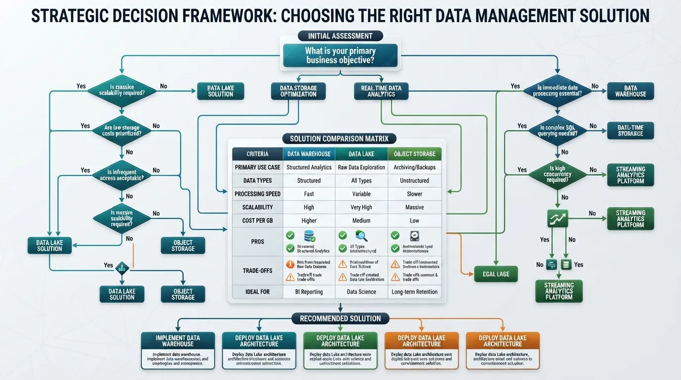 A structured decision guide flowchart and comparison matrix helping users evaluate options and choose the right solution for their situation.