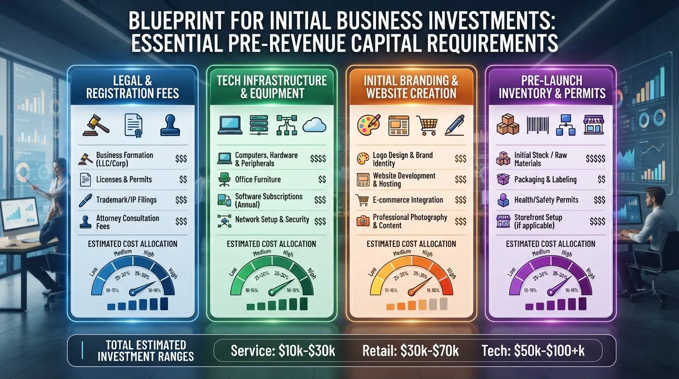 A financial breakdown chart and checklist illustrating one-time startup expenses including legal fees, licenses, equipment, branding, and website development