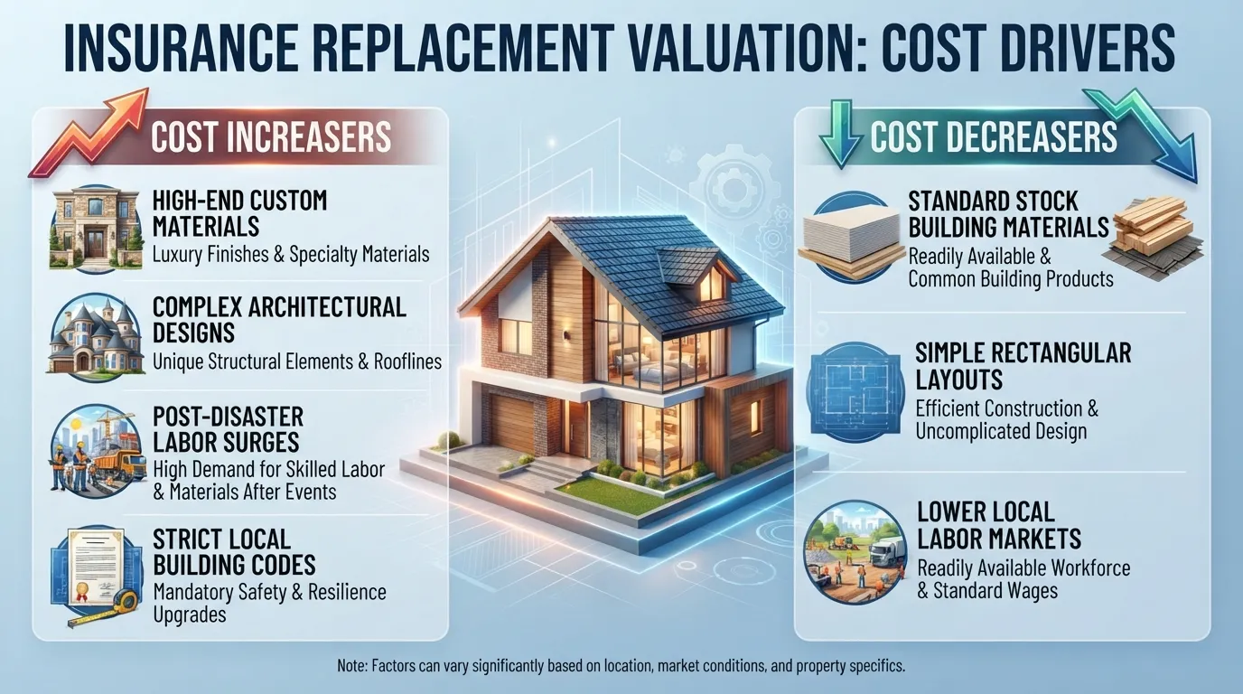 A detailed comparison chart and breakdown of key factors influencing property replacement cost, including square footage, construction materials, local labor rates, and architectural style.