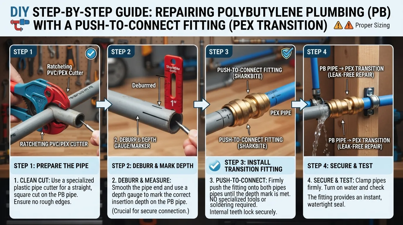 Hands using a SharkBite PEX fitting to connect a new PEX pipe to an existing gray polybutylene pipe during a partial plumbing repair.