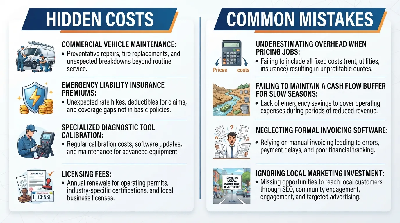 Infographic breaking down hidden expenses and common financial mistakes faced by new plumbing business owners, such as underpriced services and poor cash flow management.