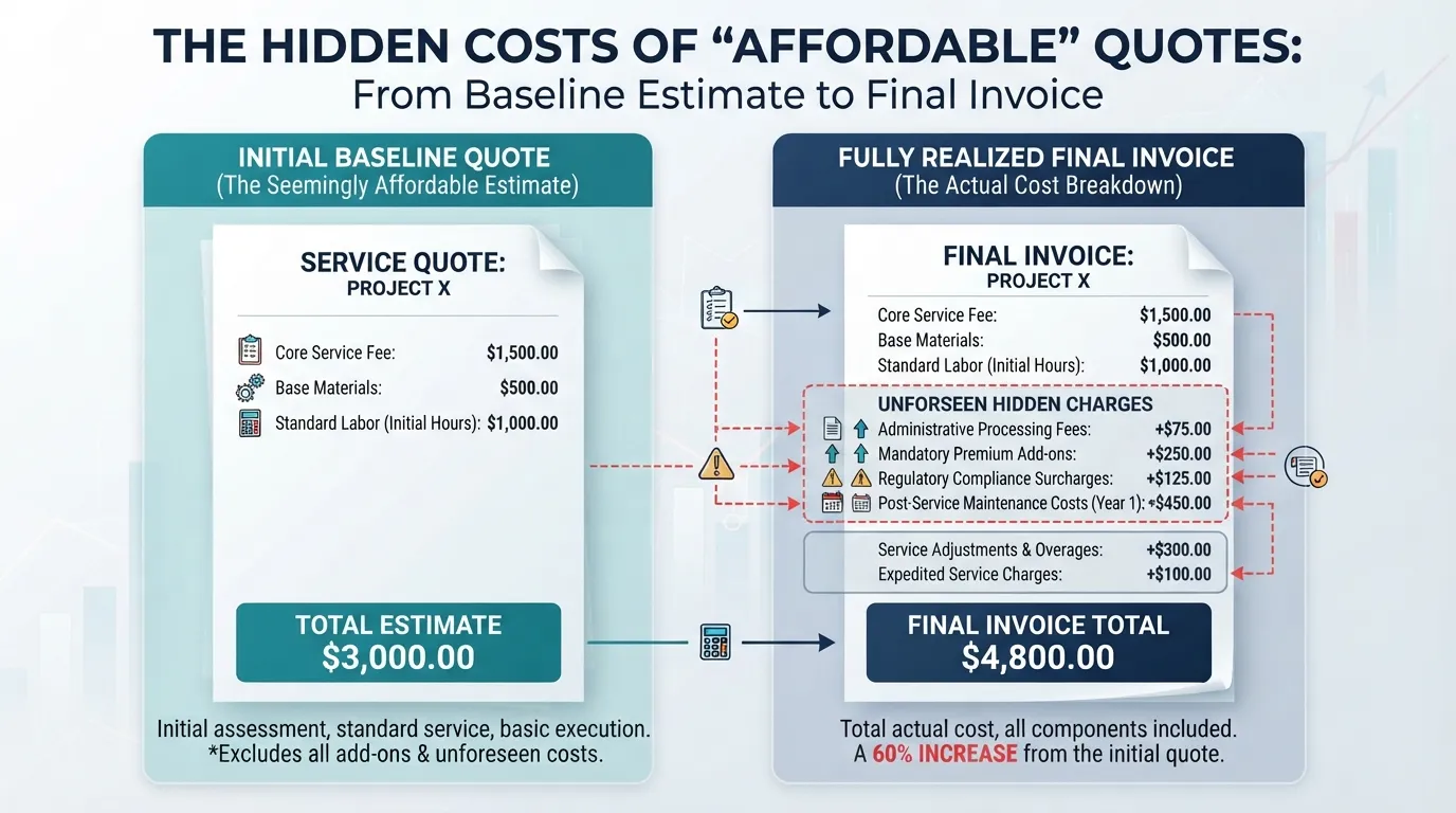 An infographic breaking down hidden costs not mentioned in standard quotes, such as service fees, administrative charges, and unexpected add-ons.