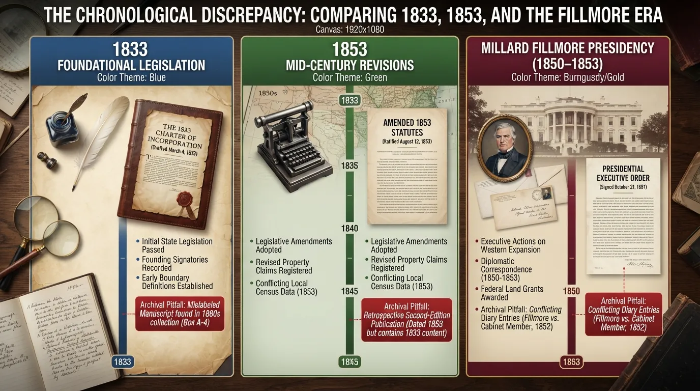 A comparative historical chart showing conflicting publication or event dates for 1833, 1853, and Millard Fillmore's administration, illustrating why historical sources disagree.