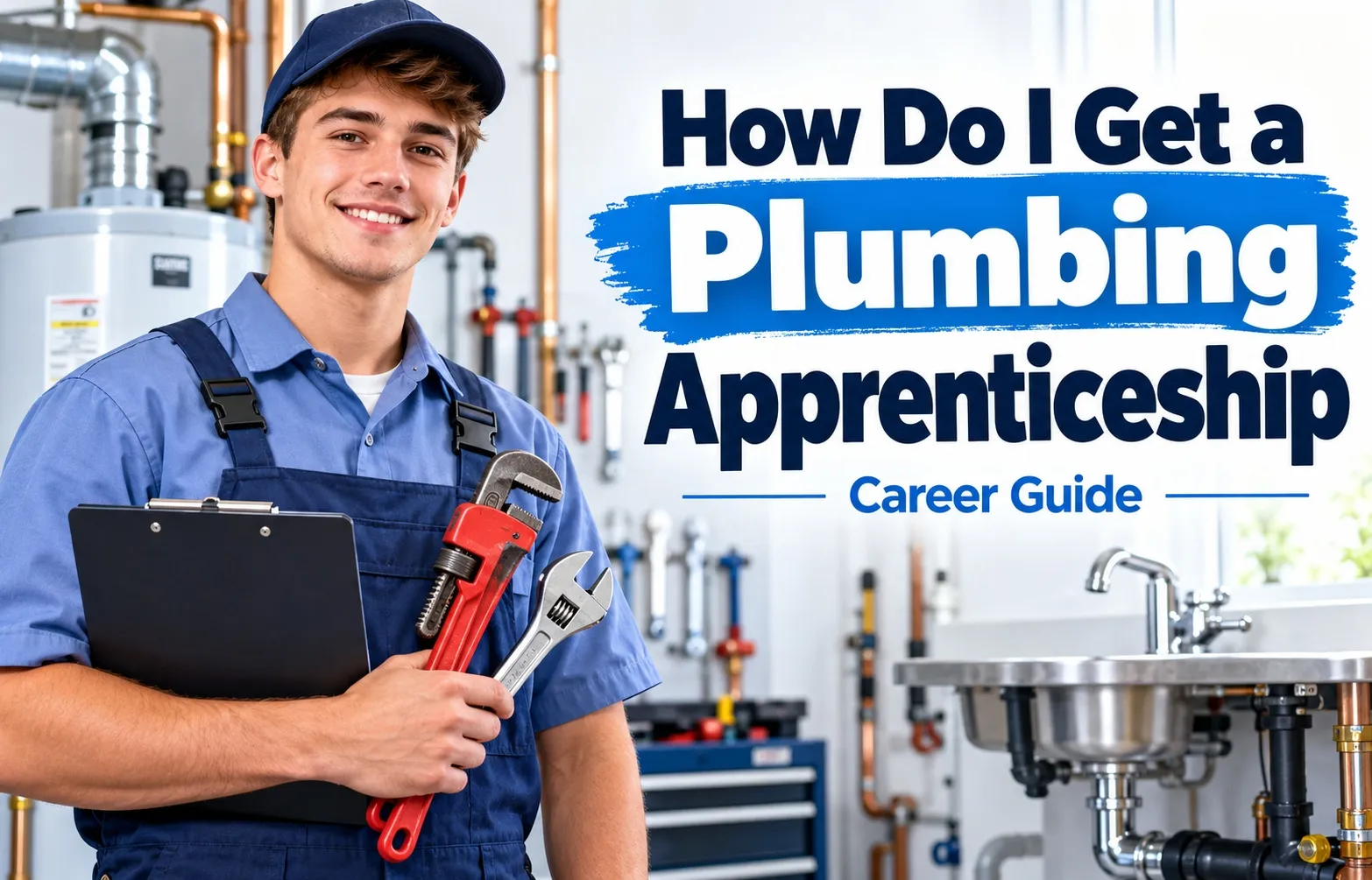Young plumbing apprentice holding a pipe wrench, adjustable wrench, and clipboard in a professional plumbing workshop with the text How Do I Get a Plumbing Apprenticeship