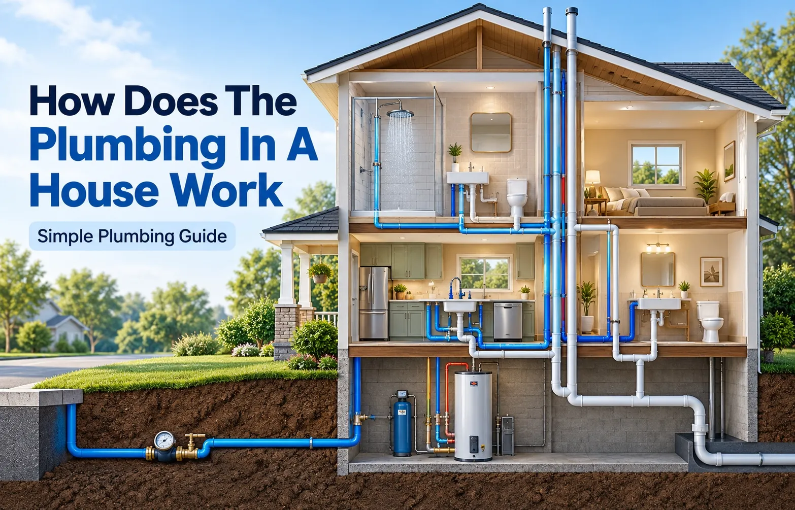 House plumbing system diagram showing water supply pipes, drainage lines, water heater, kitchen plumbing, bathrooms, and how plumbing works in a house