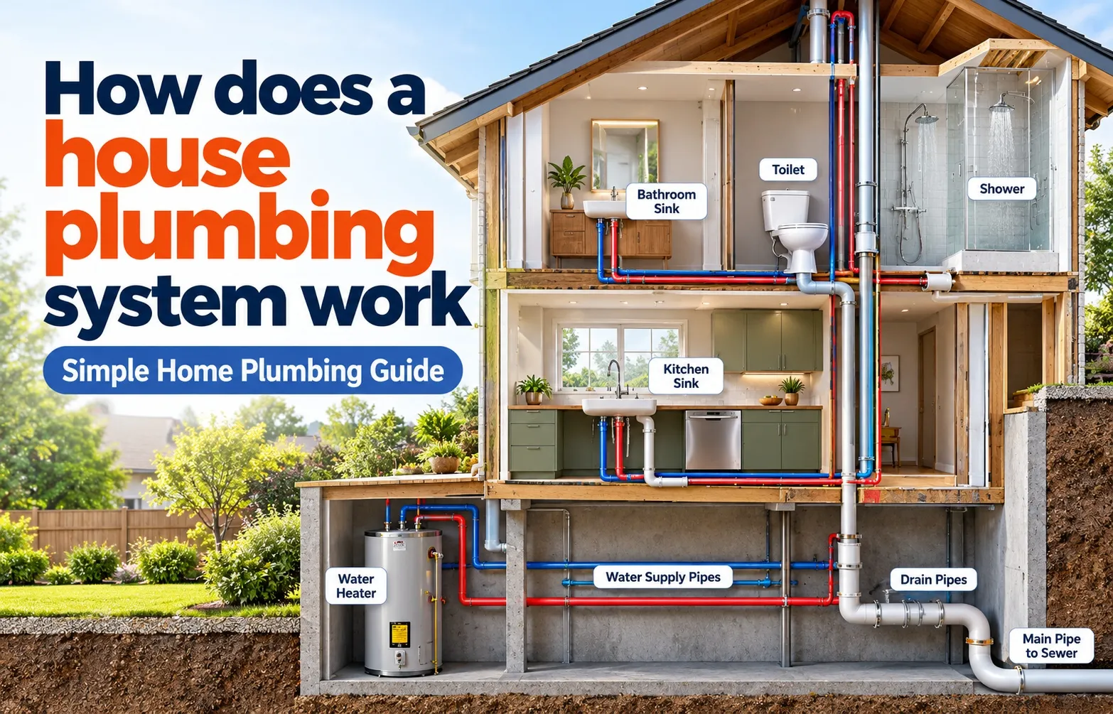 How does a house plumbing system work showing water supply pipes, drainage pipes, water heater, kitchen sink, bathroom, shower, and toilet connections