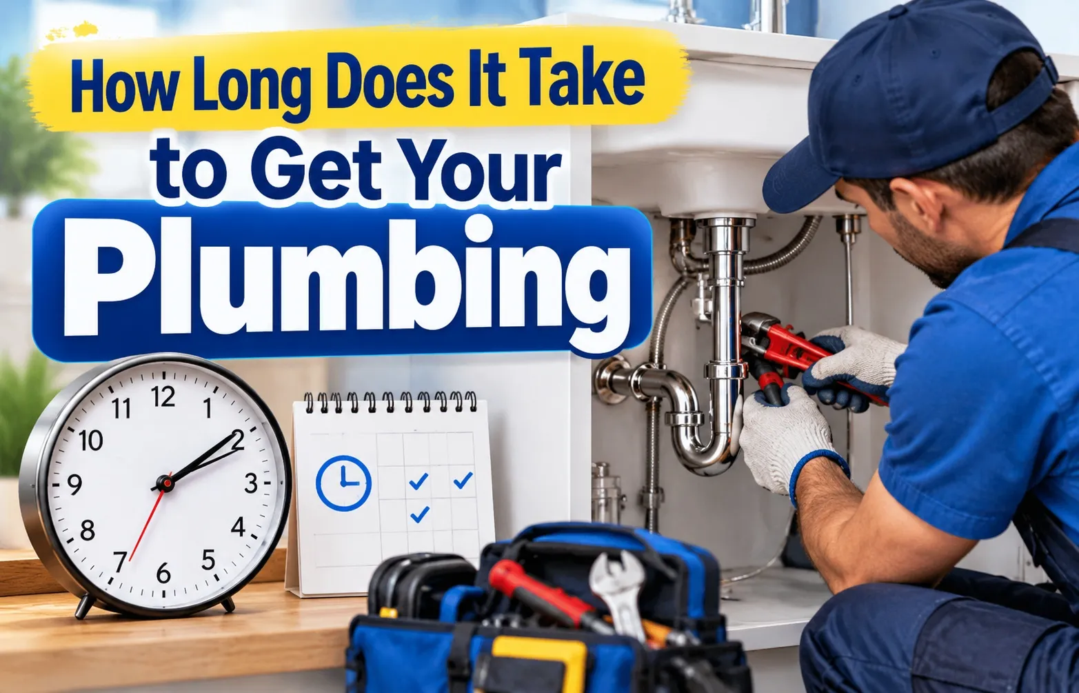 Professional plumber repairing pipes under a bathroom sink with plumbing tools, clock, and calendar illustrating how long it takes to get your plumbing done