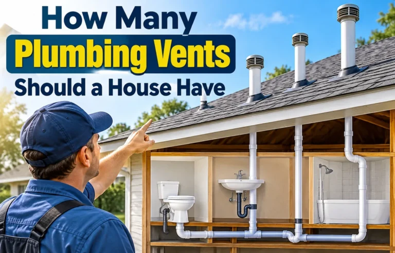 Professional plumber pointing at plumbing vent pipes on a house roof with a cutaway view showing bathroom plumbing, toilet, sink, shower, and drainage vent system