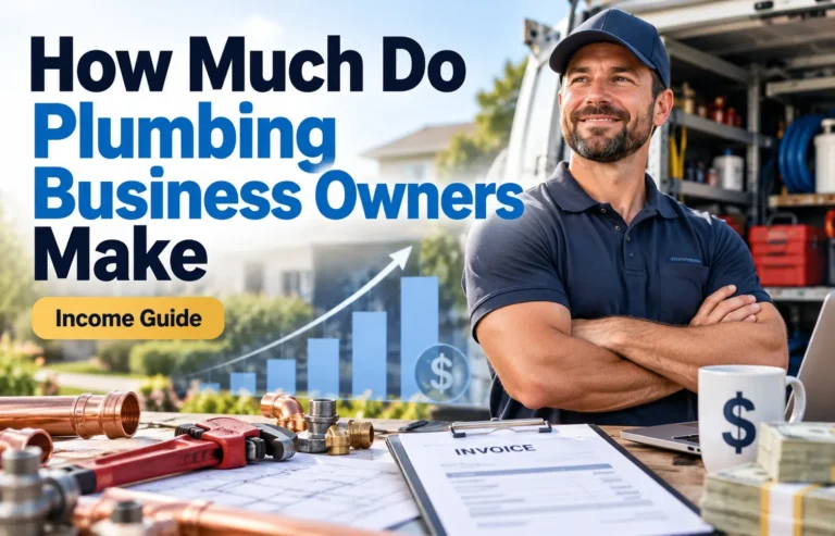 Professional plumbing business owner standing beside a service van with plumbing tools, invoices, cash, and a rising income chart illustrating plumbing business owner earnings
