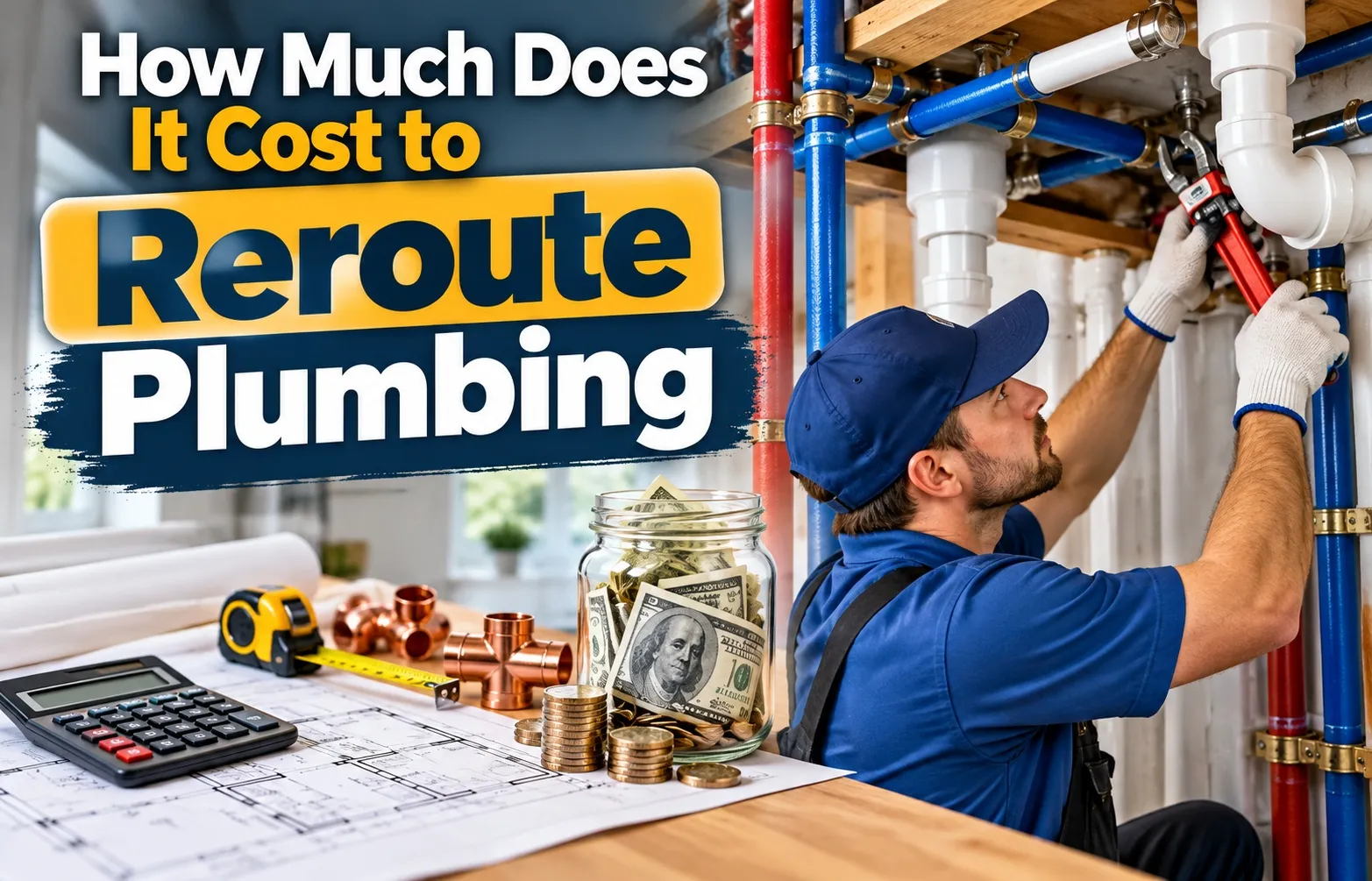 Professional plumber rerouting water pipes in a home with plumbing tools, calculator, blueprints, and money showing the cost of rerouting plumbing