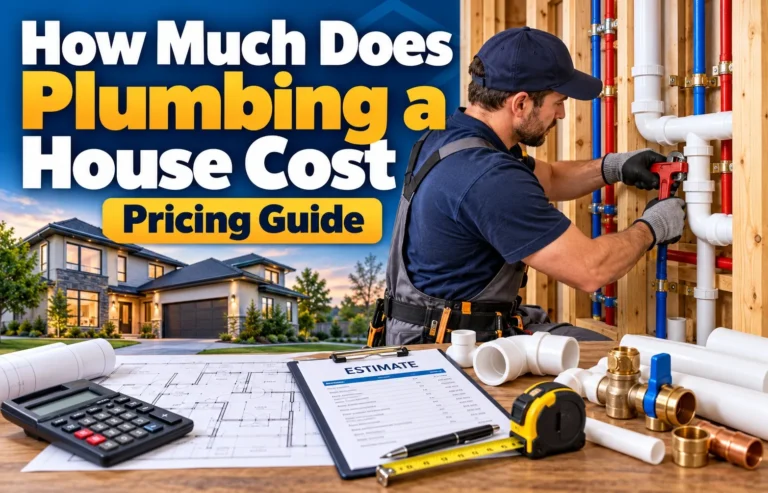 rofessional plumber installing water pipes in a house with plumbing tools, blueprints, calculator, and cost estimate showing how much plumbing a house costs
