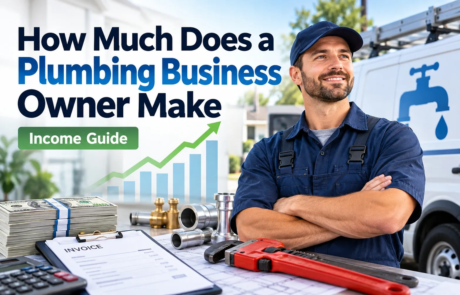 Plumbing business owner standing beside a service van with plumbing tools, cash, invoices, and a growth chart illustrating plumbing business income and earnings