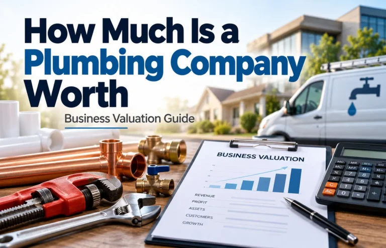 How much is a plumbing company worth featuring plumbing tools, copper pipes, calculator, financial growth chart, and business valuation report