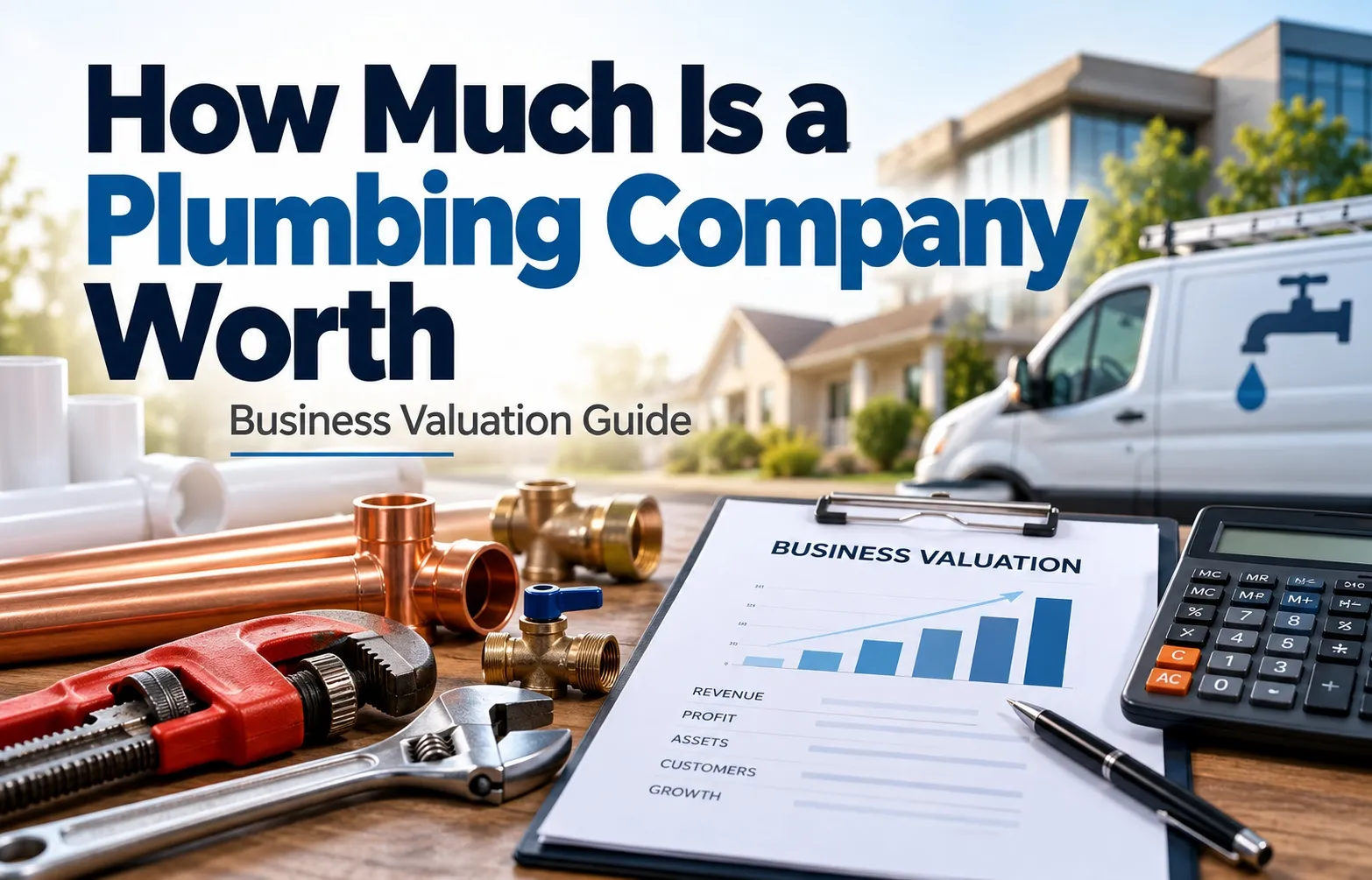 How much is a plumbing company worth featuring plumbing tools, copper pipes, calculator, financial growth chart, and business valuation report