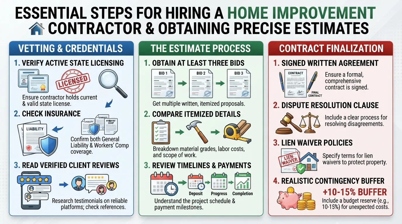 A homeowner reviewing a detailed cost estimate and contractor agreement paperwork at a kitchen table while discussing home renovation plans.