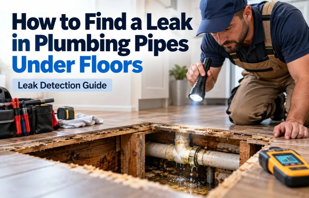 Plumber inspecting a leak in plumbing pipes under the floor using a flashlight and leak detection tools