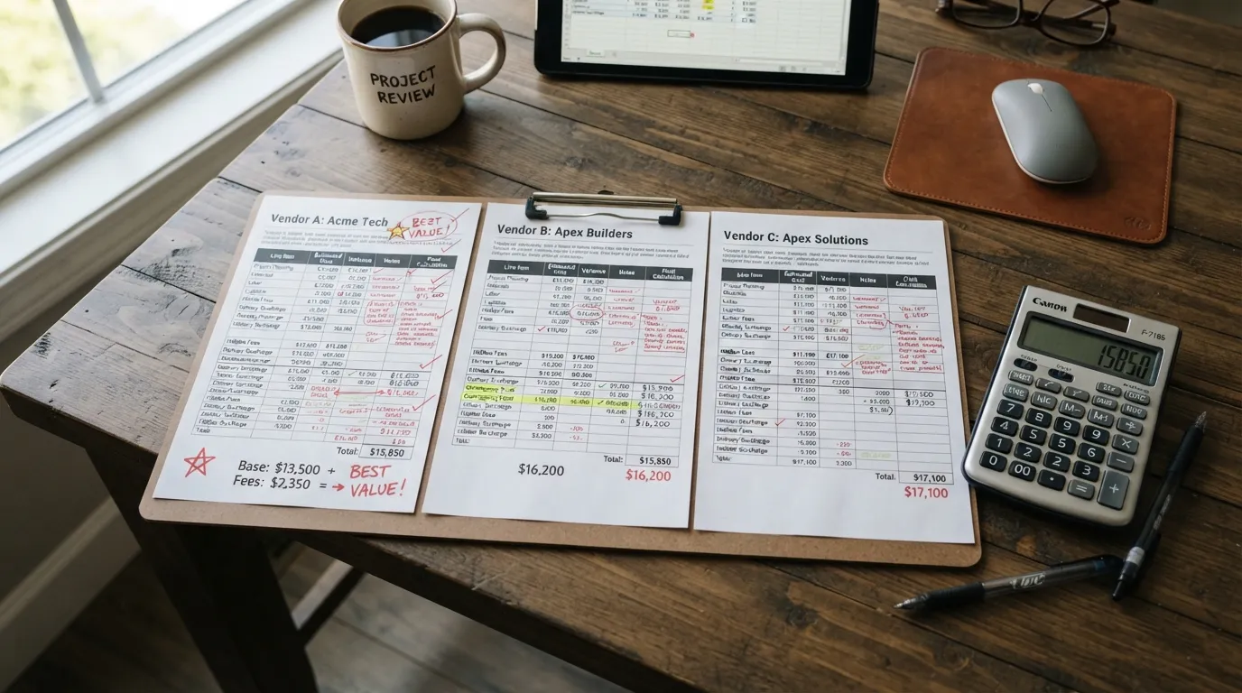 A comparison of different price quotes on a clipboard with a calculator and a pen, illustrating how to get accurate quotes and save money.