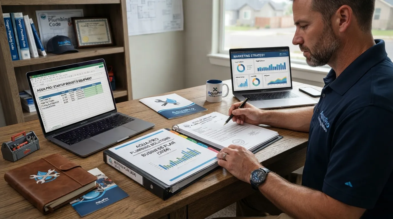 A business owner reviewing a plumbing business plan, licensing checklist, and financial startup documents at a desk.