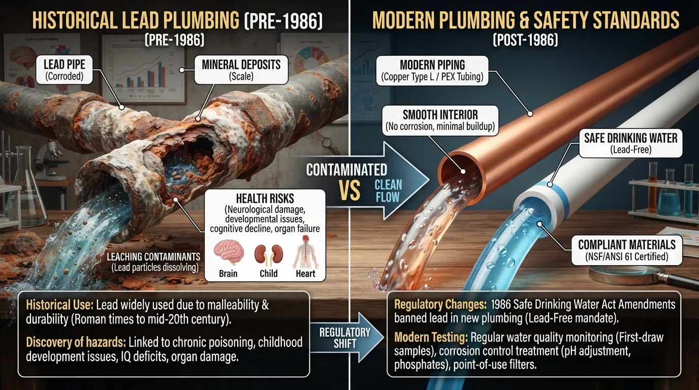 Cross-section diagram comparing a corroded lead water pipe leaching minerals into drinking water with a modern, safe copper replacement pipe.