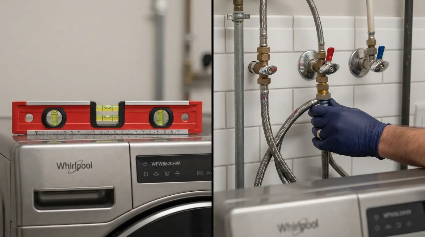 A technician using a bubble level on a newly installed appliance while inspecting water connection points for leaks.