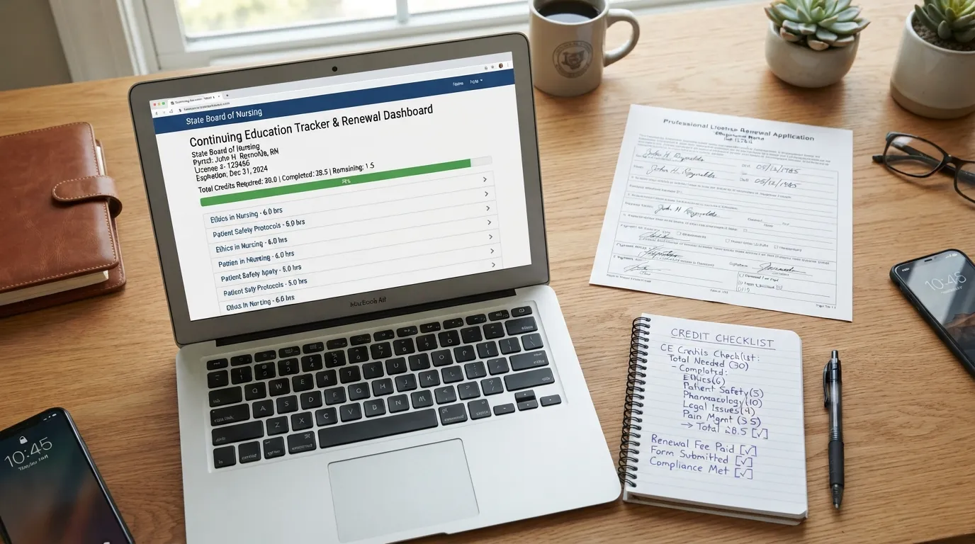 A professional reviewing continuing education credits on a laptop next to a physical professional license renewal document and a checklist.