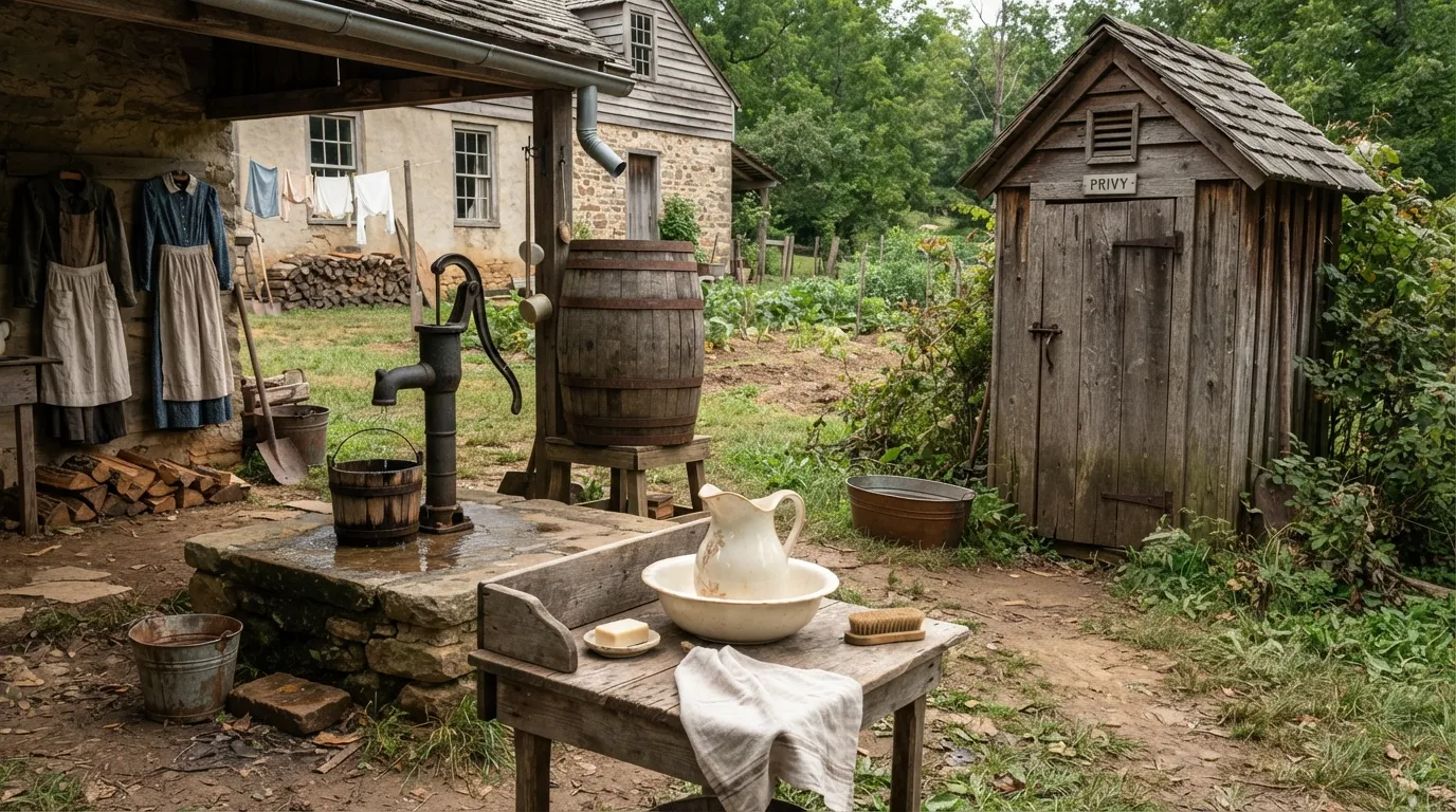 Historical illustration and photograph showing outdoor outhouses and primitive water collection methods used for sanitation before indoor plumbing.