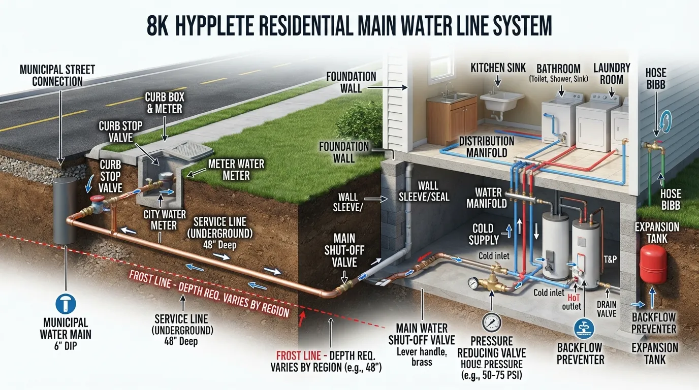 Diagram showing a residential main water line supply system from the city municipal meter and shut-off valve through the pressure regulator to the indoor plumbing.