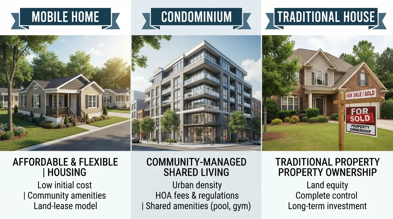 A comparison layout showing real estate options including a modern mobile home, a luxury condominium building, and a traditional single-family house being bought and sold.