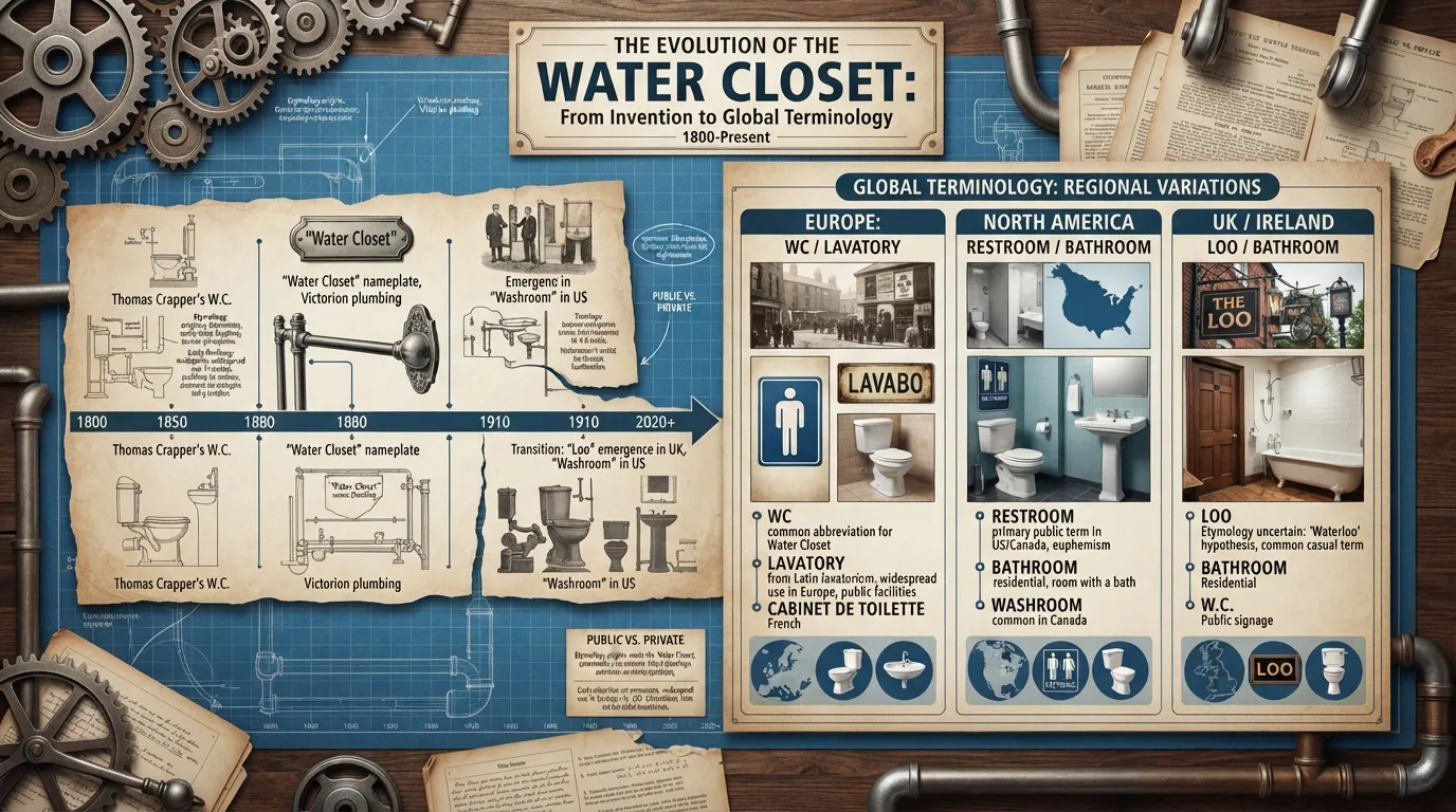 An informative infographic and historical map illustrating the etymology of the term water closet alongside global regional names like restroom, lavatory, and loo.