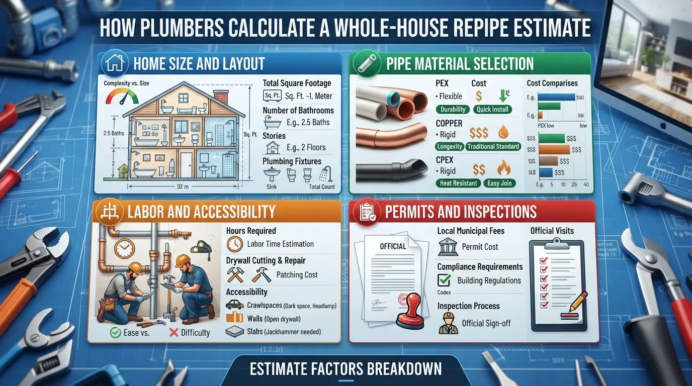 A detailed breakdown of how plumbers calculate home repipe estimates, showing factors like pipe material, home size, labor, and permit costs.