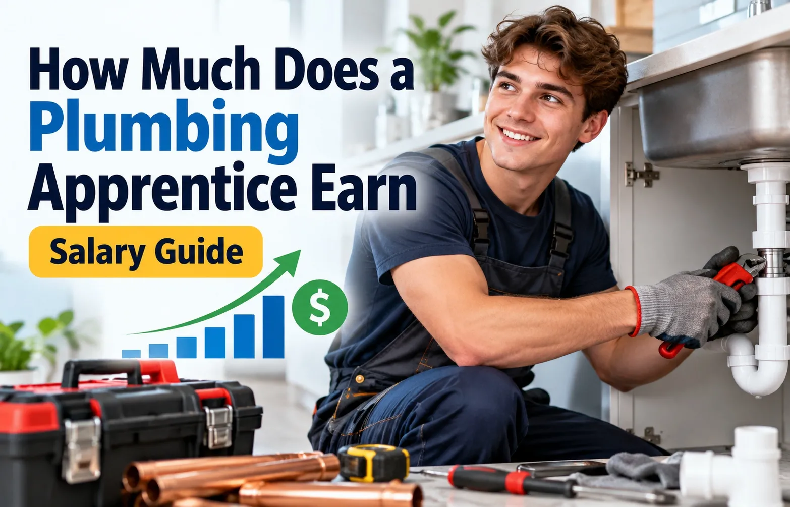 Young plumbing apprentice repairing pipes under a kitchen sink with plumbing tools and an income growth chart illustrating plumbing apprentice salary and earnings