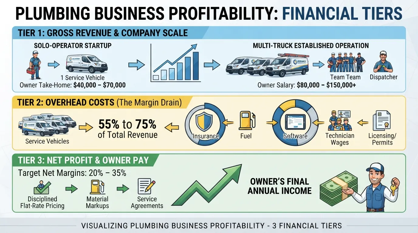 A financial breakdown chart showing how plumbing business owner income flows from total company revenue down to operating overhead and net profit take-home pay.