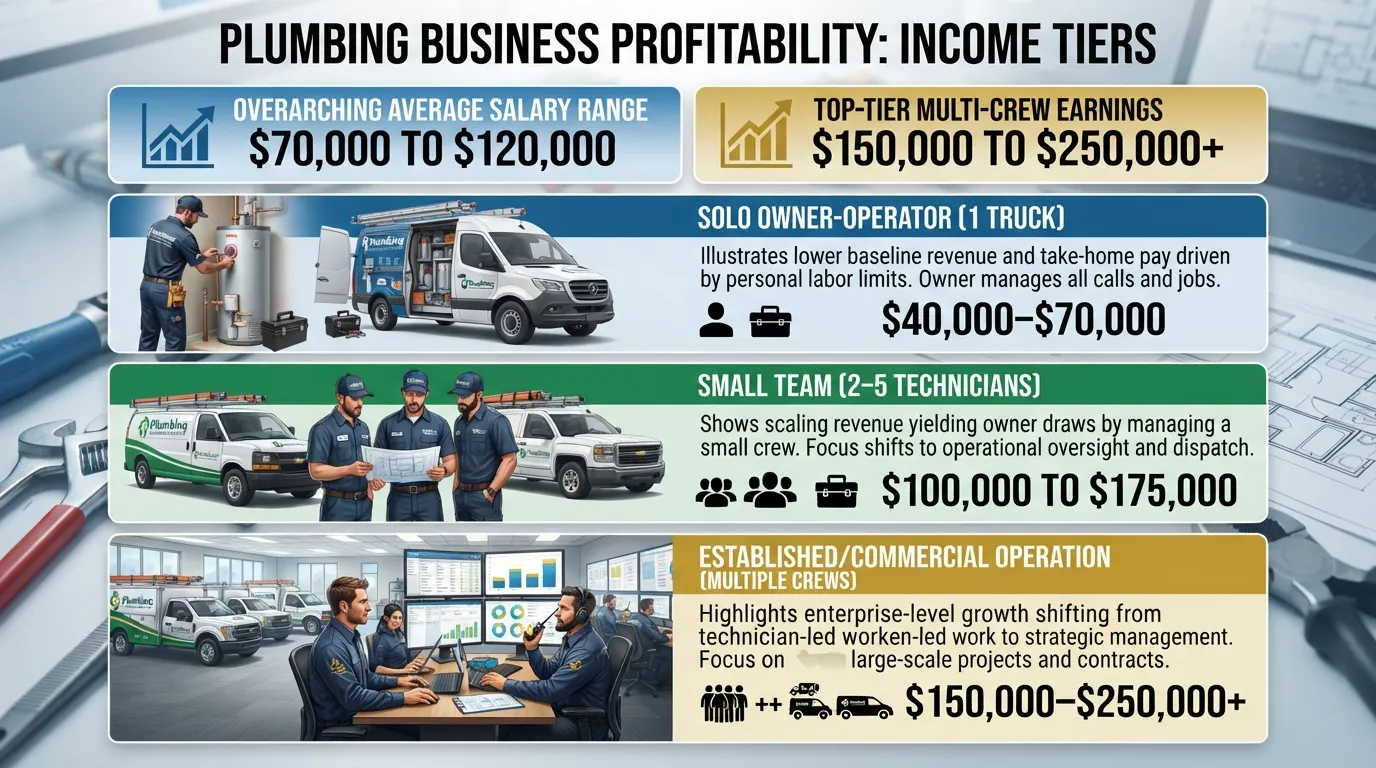 A financial breakdown chart showing average annual income tiers for plumbing business owners, ranging from solo operators to multi-crew companies.