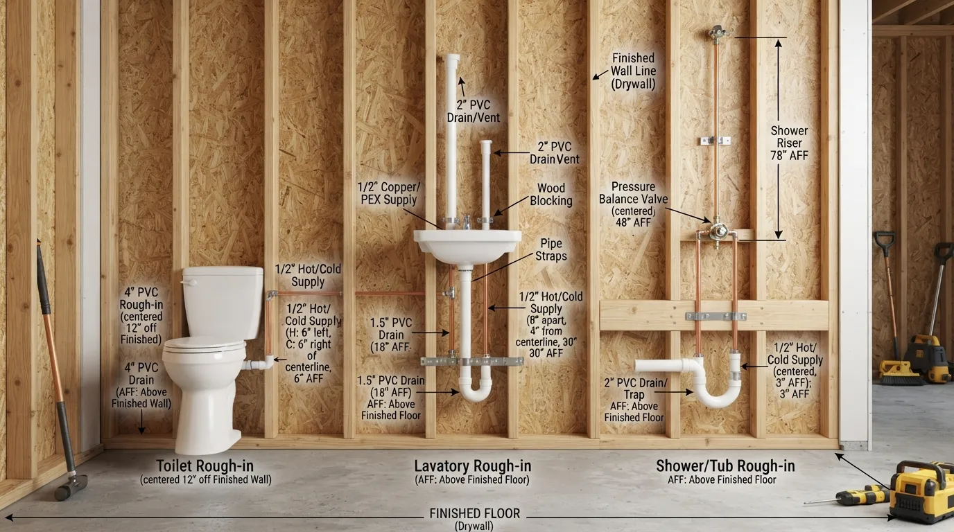Diagram and installation of plumbing stub outs showing proper height, support, and pipe sizing according to code requirements.