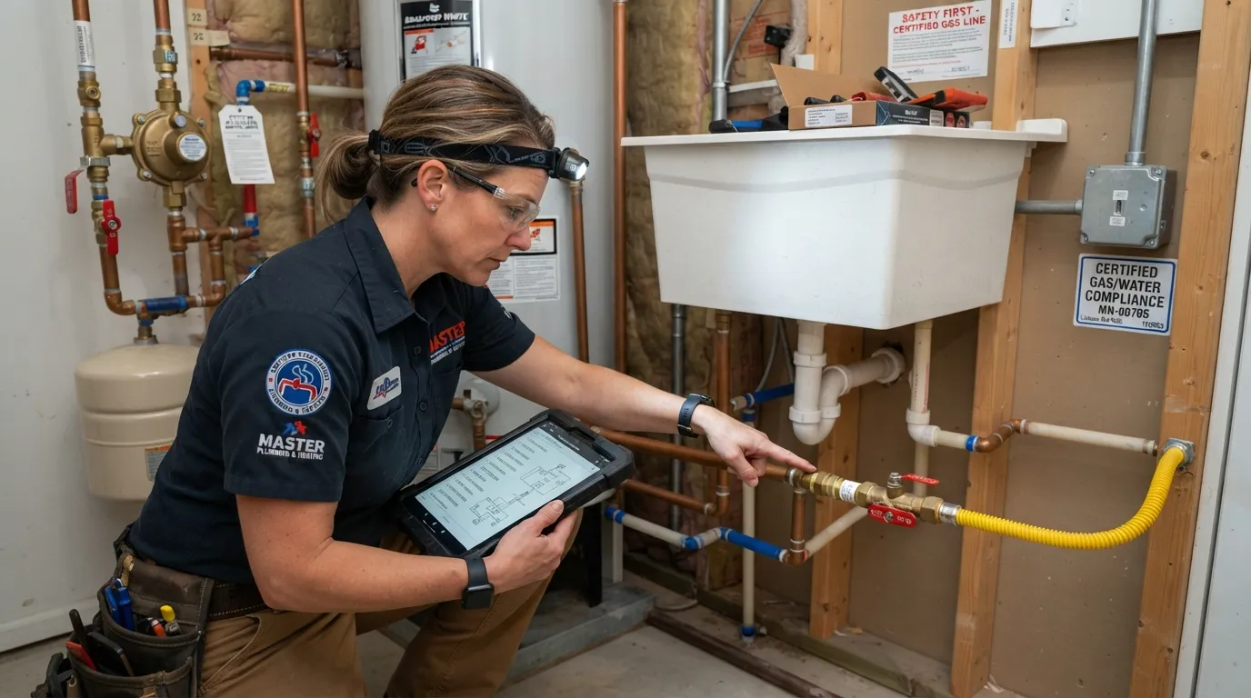 A licensed plumber inspecting residential pipes and water heater connections to ensure compliance with local plumbing code safety standards.