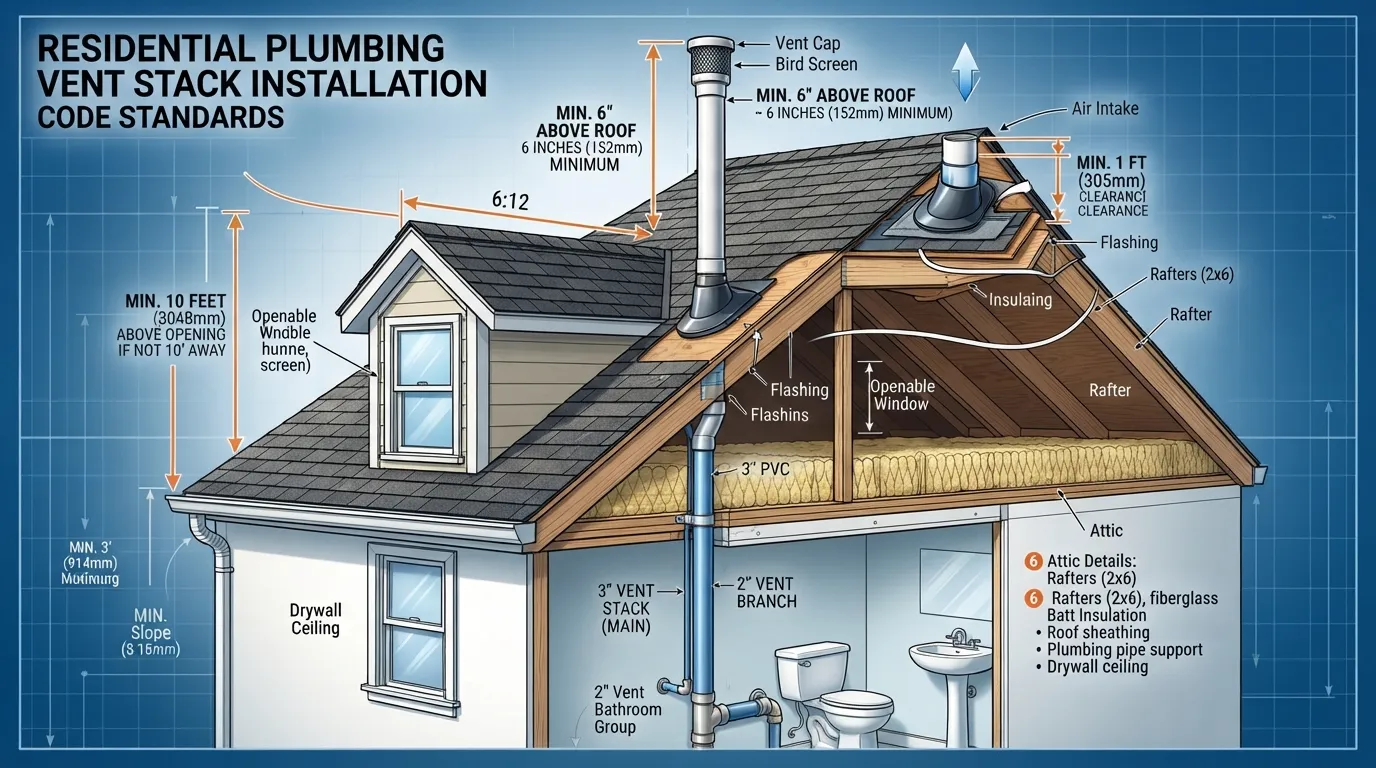 Diagram showing a residential plumbing vent pipe extending through a roof, illustrating standard code-compliant height clearance and pipe sizing dimensions.