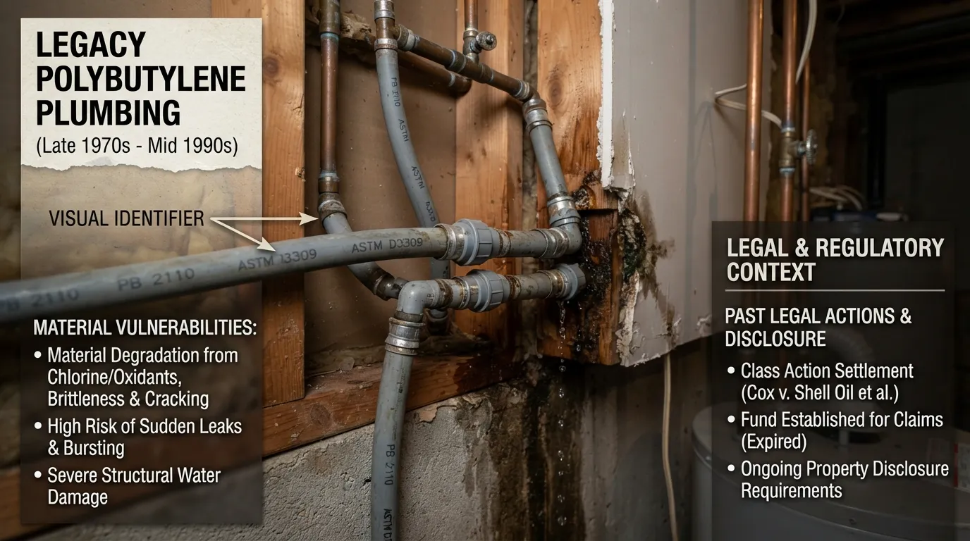 A close-up photo of flexible gray polybutylene plastic plumbing pipes connected to a residential water system, highlighting the legacy material linked to historical class-action lawsuits and building bans.
