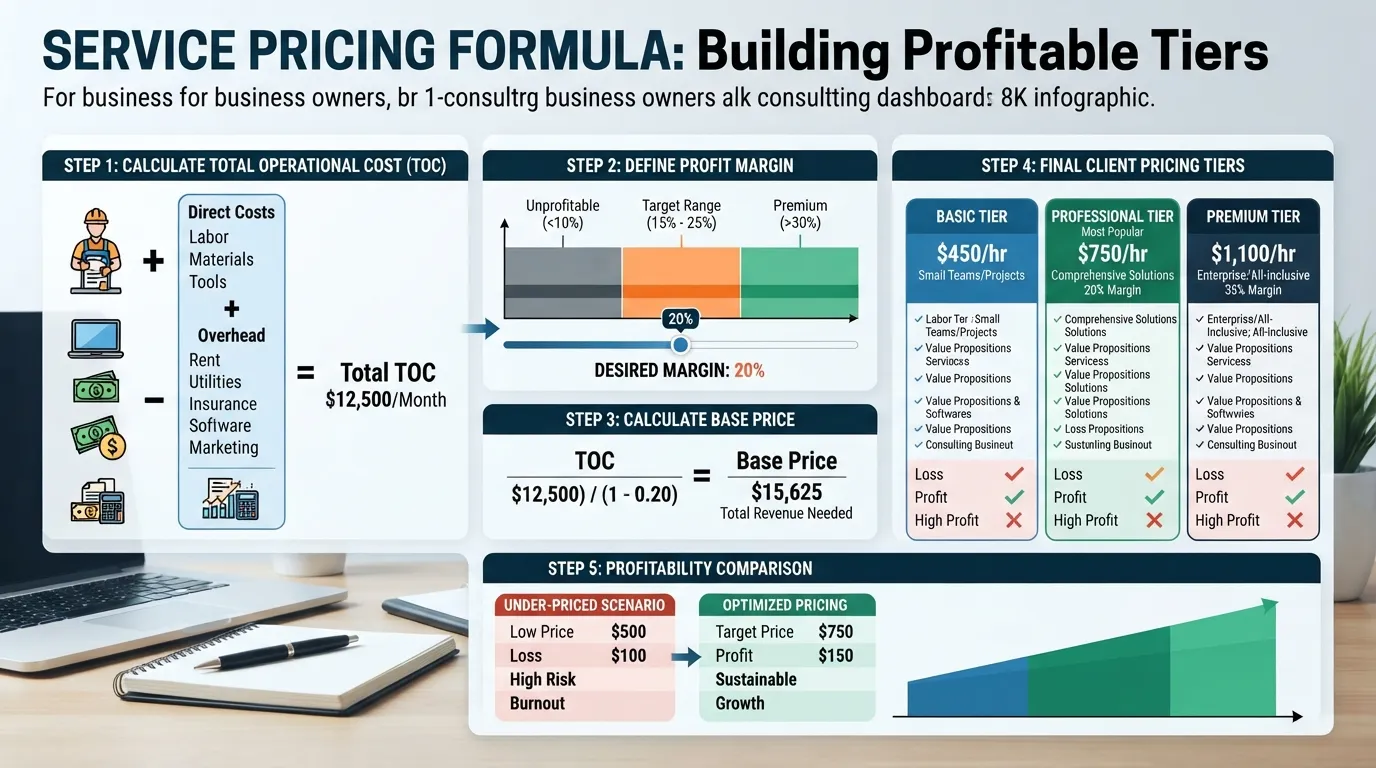A financial planning spreadsheet or chart breaking down service pricing models to achieve a 15 to 25 percent profit margin.